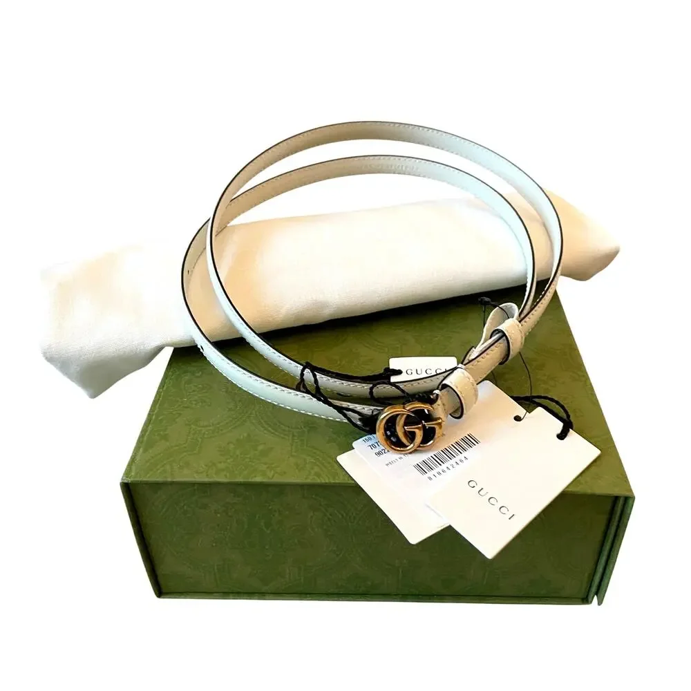 NEW GUCCI Cream Thin Patent Leather Marmont Double G Belt 707327